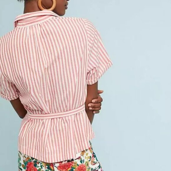 Anthropologie Striped Blouse Womens Large Red White Short Sleeve Cotton Belted - Picture 3 of 7